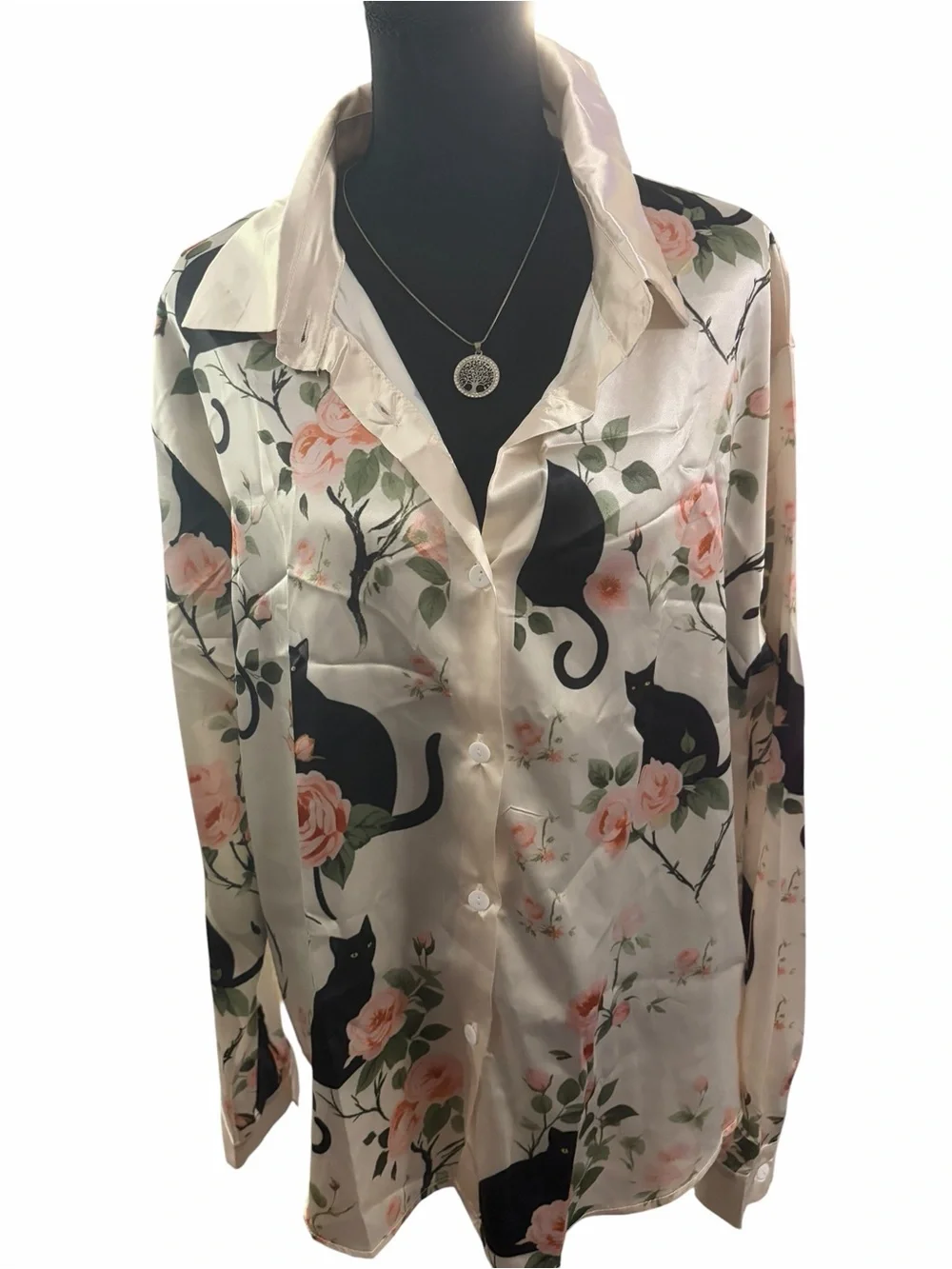 Black Cat & Floral Satin Button-Up Blouse Women's XL